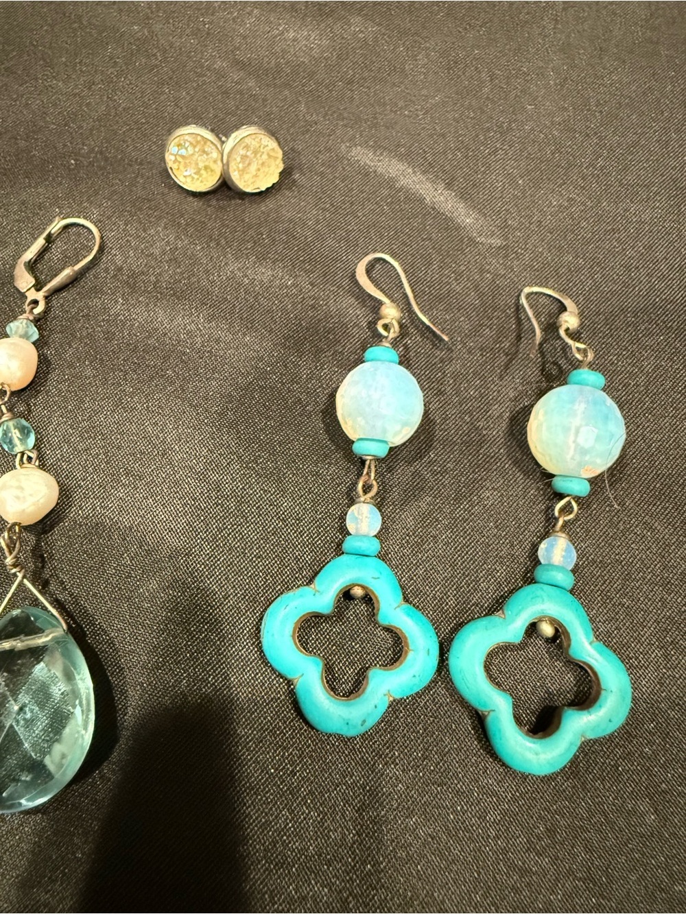 3 Pairs Earrings Druzy Quartz Studs + Blue Topaz Crystal Drops +Turquoise Clover - Picture 9 of 13